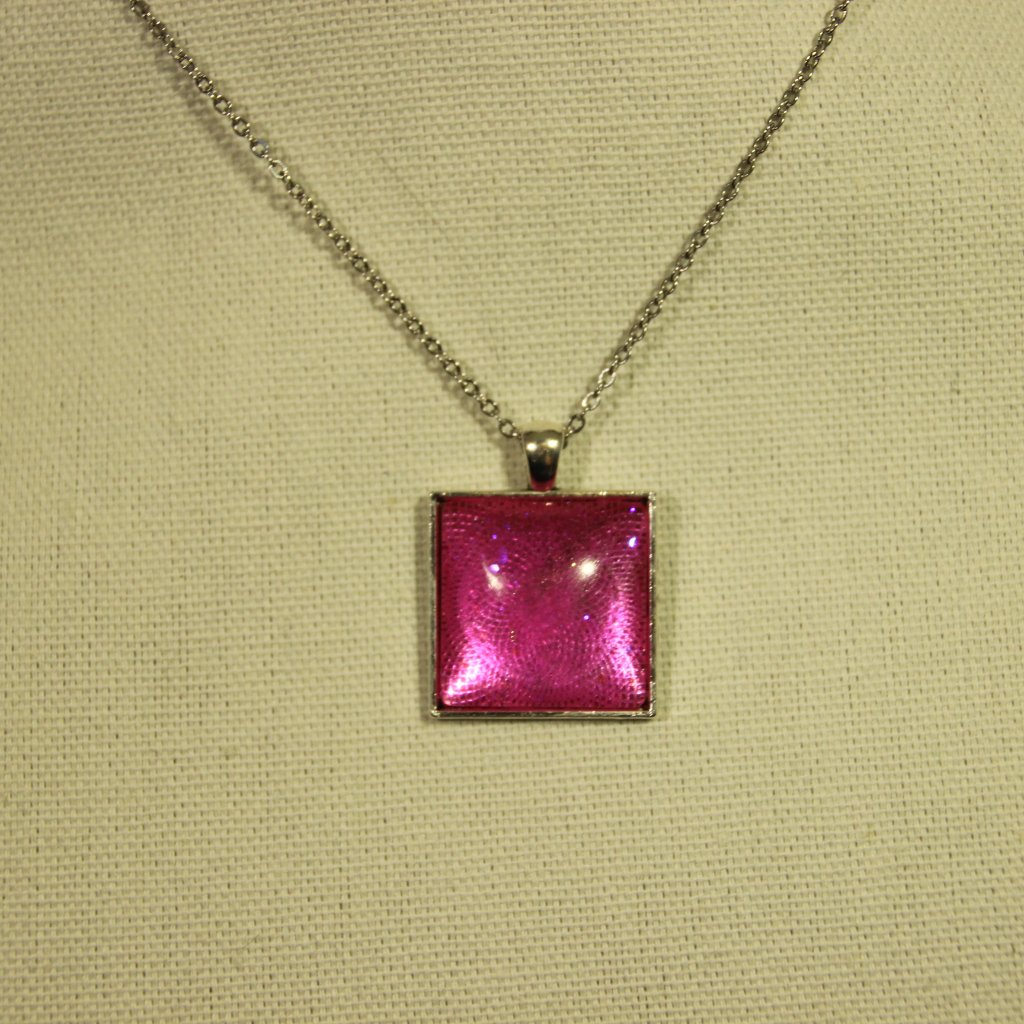 Barbiecore Handcrafted Resin Pink Sparkle Square Metal Pendant 18in. S.S. Chain